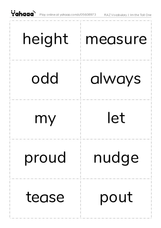 RAZ Vocabulary J: Im the Tall One PDF two columns flashcards