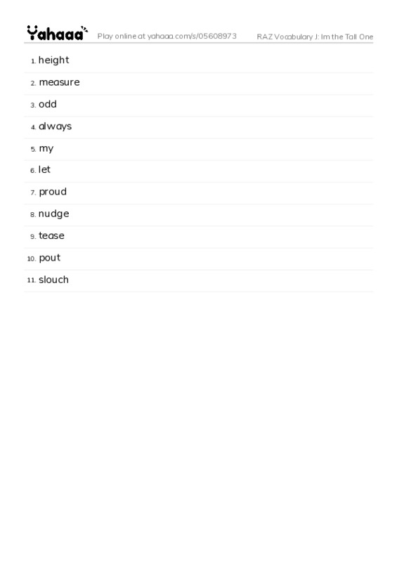 RAZ Vocabulary J: Im the Tall One PDF words glossary