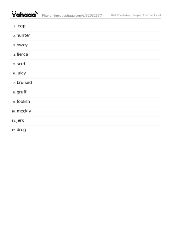 RAZ Vocabulary J: Leopard Ram and Jackal PDF words glossary