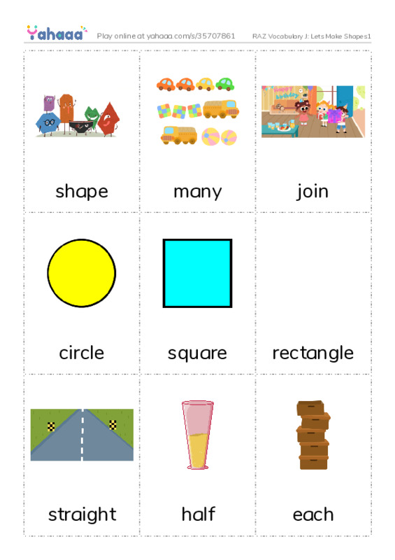 RAZ Vocabulary J: Lets Make Shapes1 PDF flaschards with images