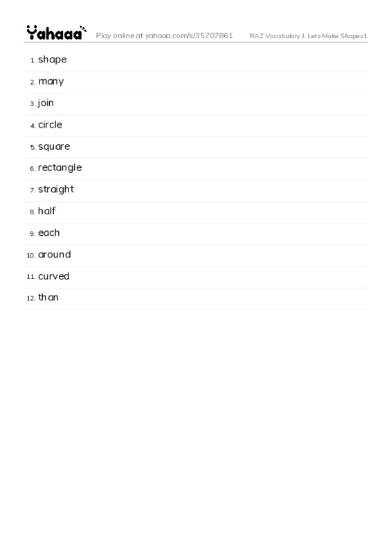 RAZ Vocabulary J: Lets Make Shapes1 PDF words glossary