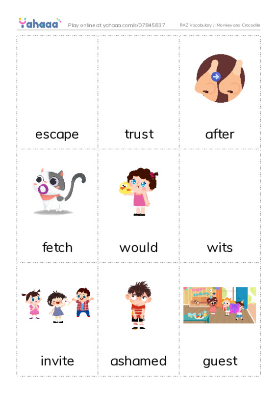 RAZ Vocabulary J: Monkey and Crocodile PDF flaschards with images