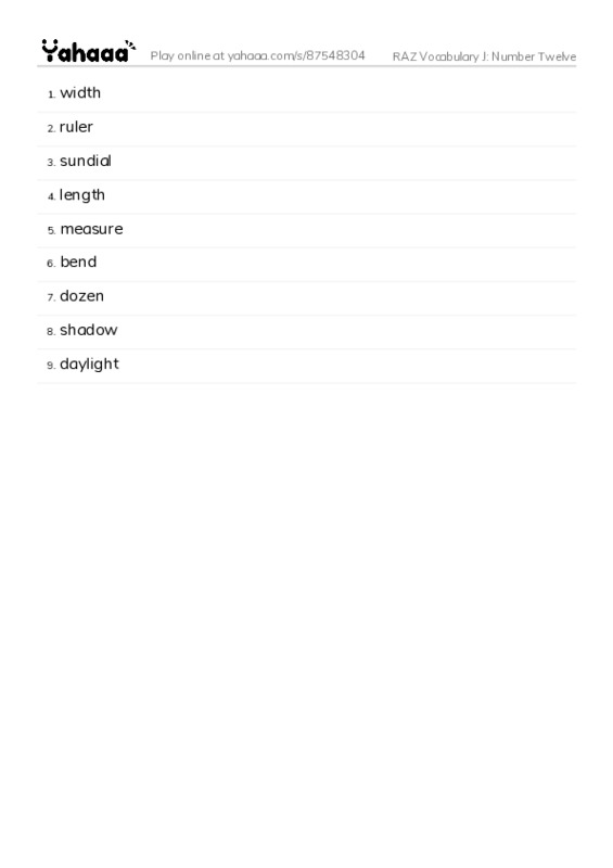 RAZ Vocabulary J: Number Twelve PDF words glossary