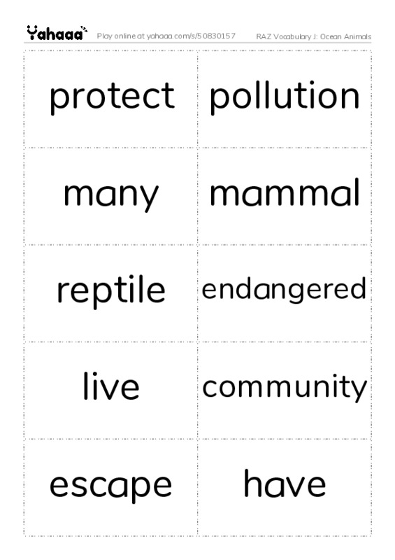 RAZ Vocabulary J: Ocean Animals PDF two columns flashcards