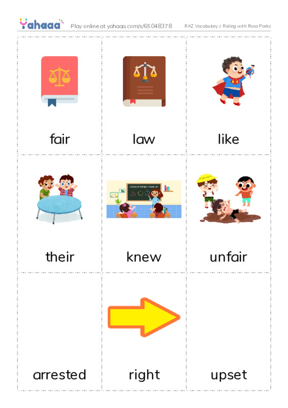 RAZ Vocabulary J: Riding with Rosa Parks PDF flaschards with images
