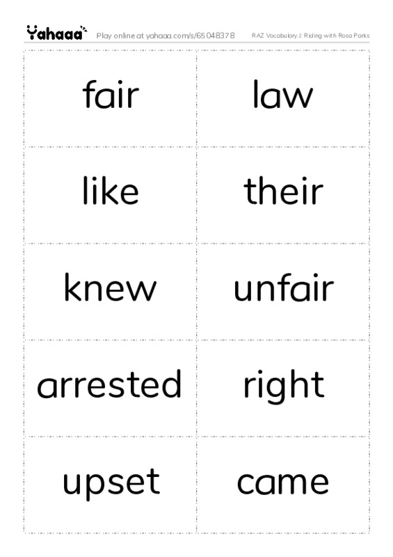 RAZ Vocabulary J: Riding with Rosa Parks PDF two columns flashcards