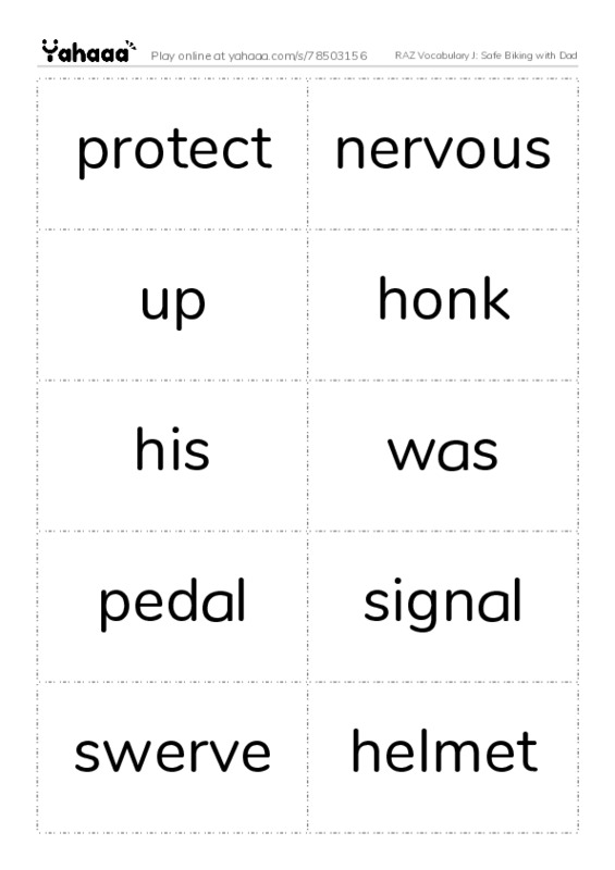 RAZ Vocabulary J: Safe Biking with Dad PDF two columns flashcards