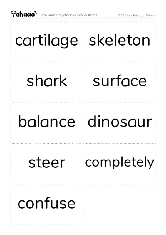 RAZ Vocabulary J: Sharks PDF two columns flashcards