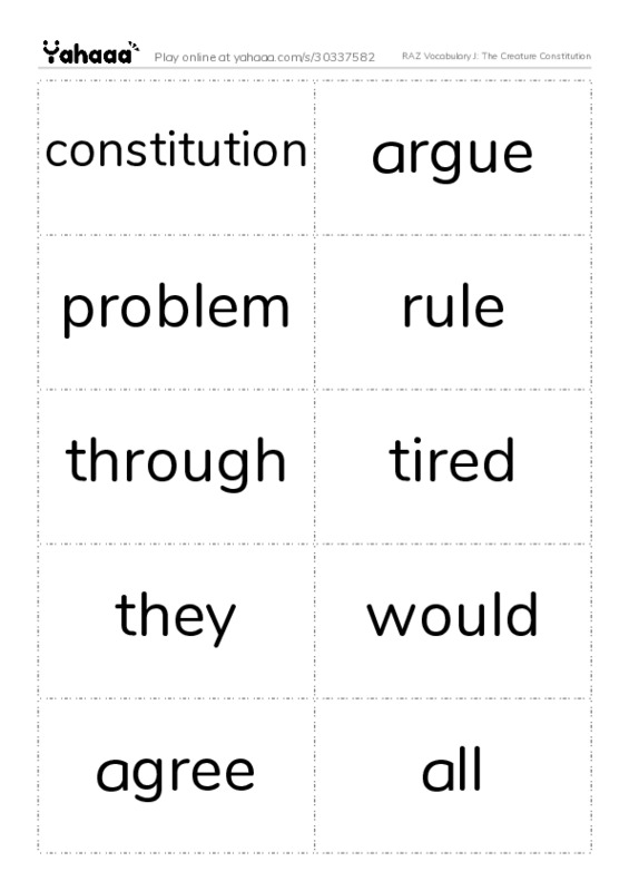 RAZ Vocabulary J: The Creature Constitution PDF two columns flashcards