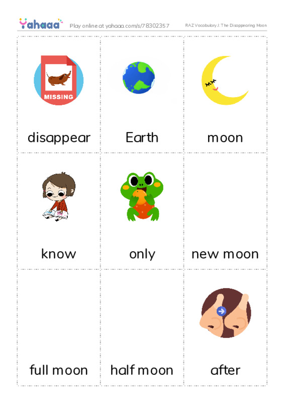 RAZ Vocabulary J: The Disappearing Moon PDF flaschards with images