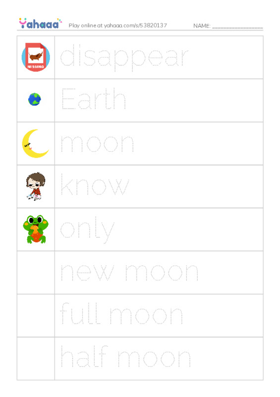 RAZ Vocabulary J: The Disappearing Moon PDF one column image words