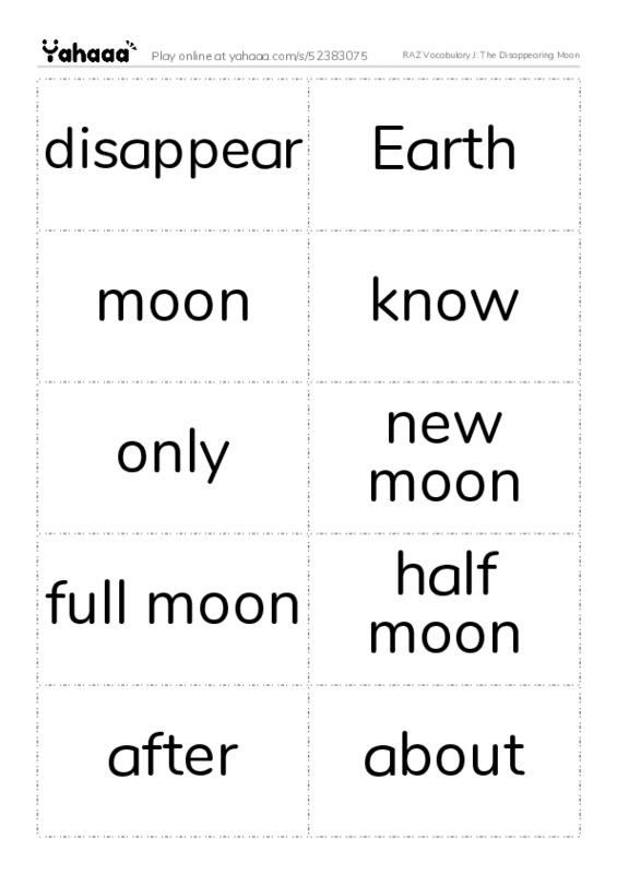 RAZ Vocabulary J: The Disappearing Moon PDF two columns flashcards
