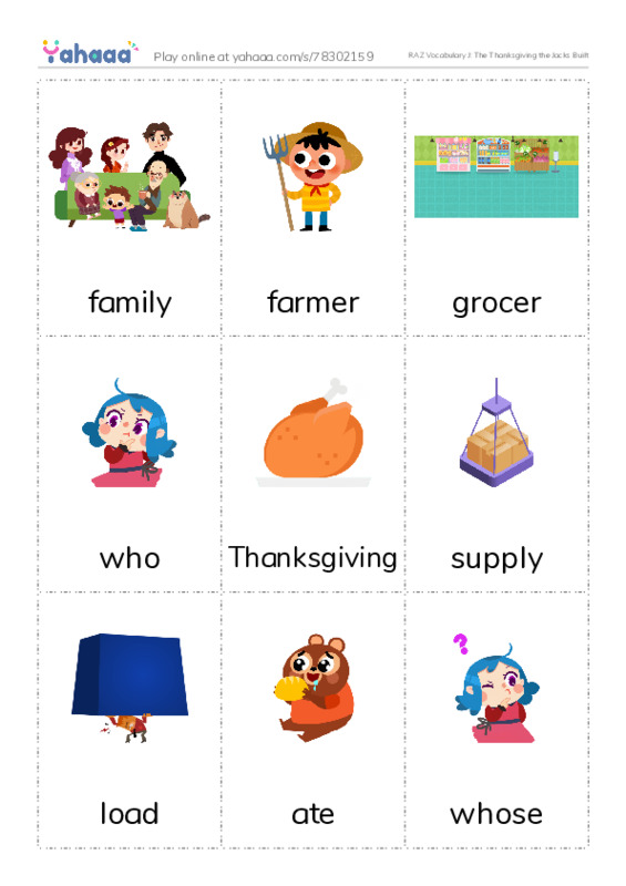 RAZ Vocabulary J: The Thanksgiving the Jacks Built PDF flaschards with images