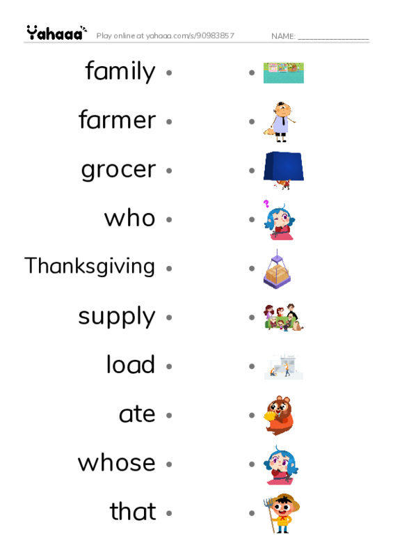RAZ Vocabulary J: The Thanksgiving the Jacks Built PDF link match words worksheet