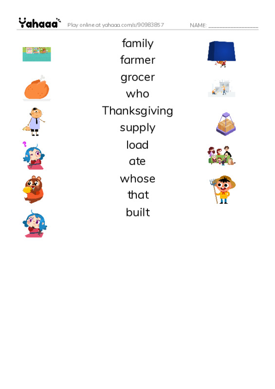 RAZ Vocabulary J: The Thanksgiving the Jacks Built PDF three columns match words