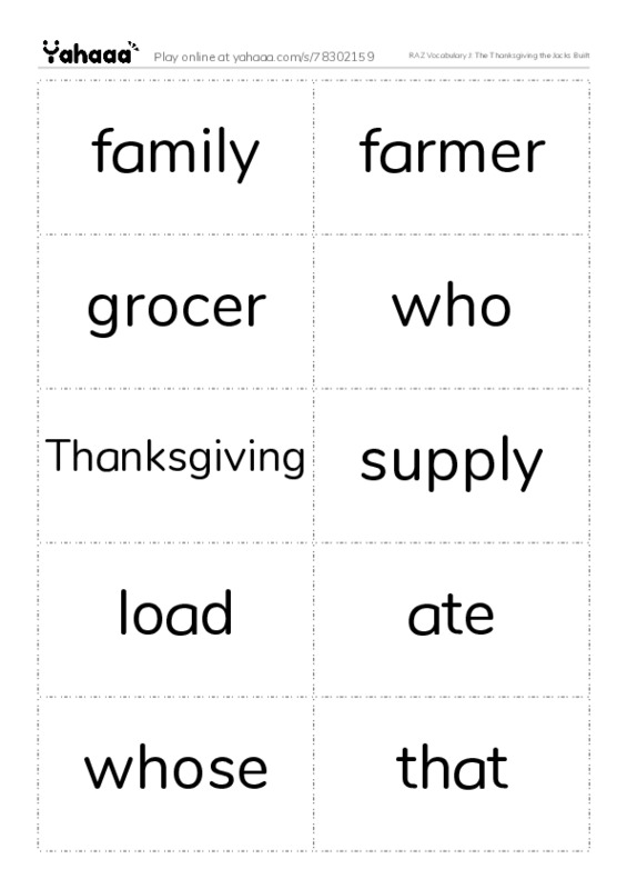 RAZ Vocabulary J: The Thanksgiving the Jacks Built PDF two columns flashcards