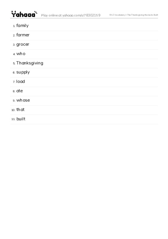 RAZ Vocabulary J: The Thanksgiving the Jacks Built PDF words glossary