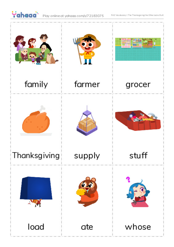 RAZ Vocabulary J: The Thanksgiving the Other Jacks Built PDF flaschards with images