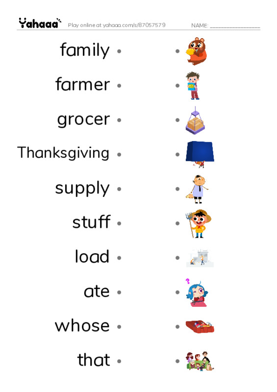 RAZ Vocabulary J: The Thanksgiving the Other Jacks Built PDF link match words worksheet