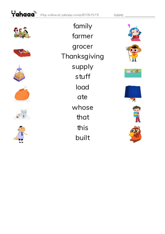 RAZ Vocabulary J: The Thanksgiving the Other Jacks Built PDF three columns match words