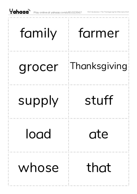 RAZ Vocabulary J: The Thanksgiving the Other Jacks Built PDF two columns flashcards