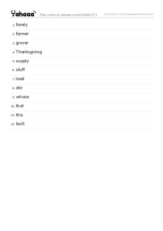 RAZ Vocabulary J: The Thanksgiving the Other Jacks Built PDF words glossary