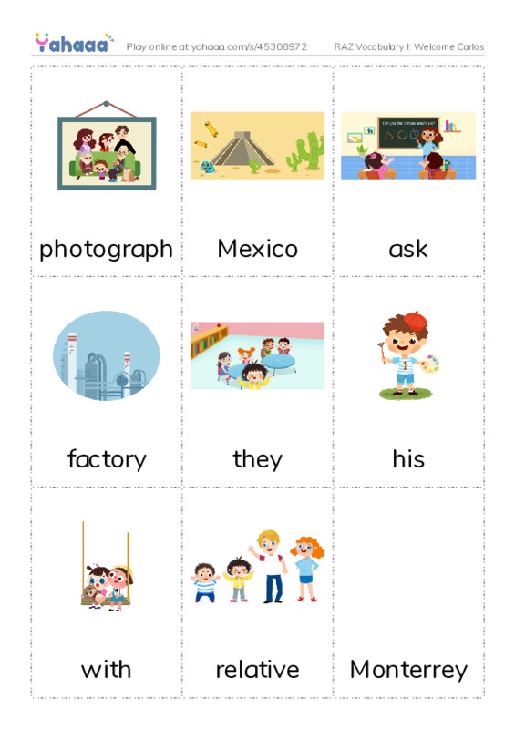 RAZ Vocabulary J: Welcome Carlos PDF flaschards with images