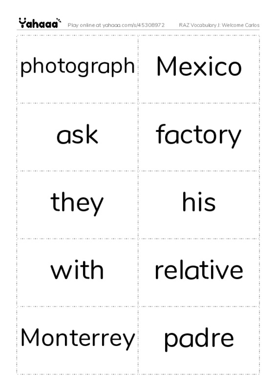 RAZ Vocabulary J: Welcome Carlos PDF two columns flashcards