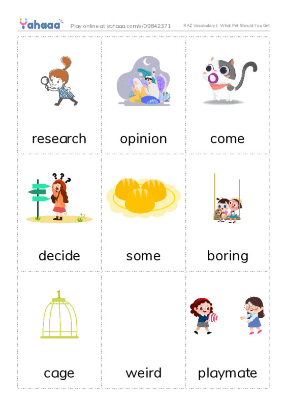RAZ Vocabulary J: What Pet Should You Get PDF flaschards with images