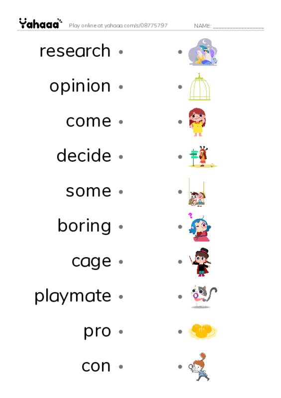 RAZ Vocabulary J: What Pet Should You Get PDF link match words worksheet