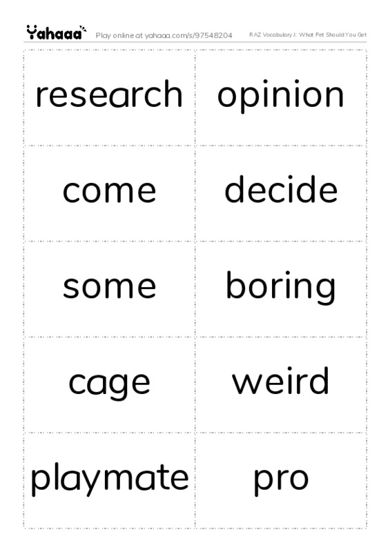 RAZ Vocabulary J: What Pet Should You Get PDF two columns flashcards