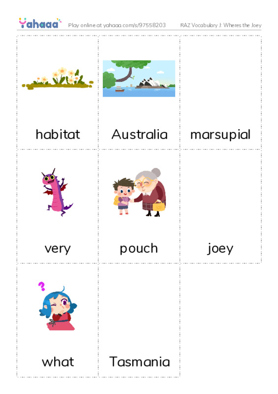 RAZ Vocabulary J: Wheres the Joey PDF flaschards with images