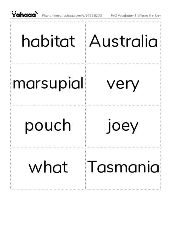 RAZ Vocabulary J: Wheres the Joey PDF two columns flashcards
