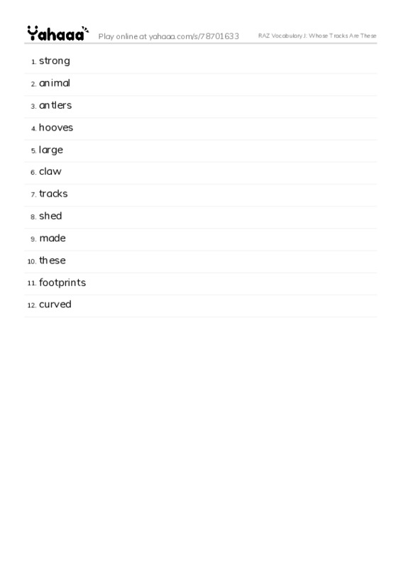 RAZ Vocabulary J: Whose Tracks Are These PDF words glossary