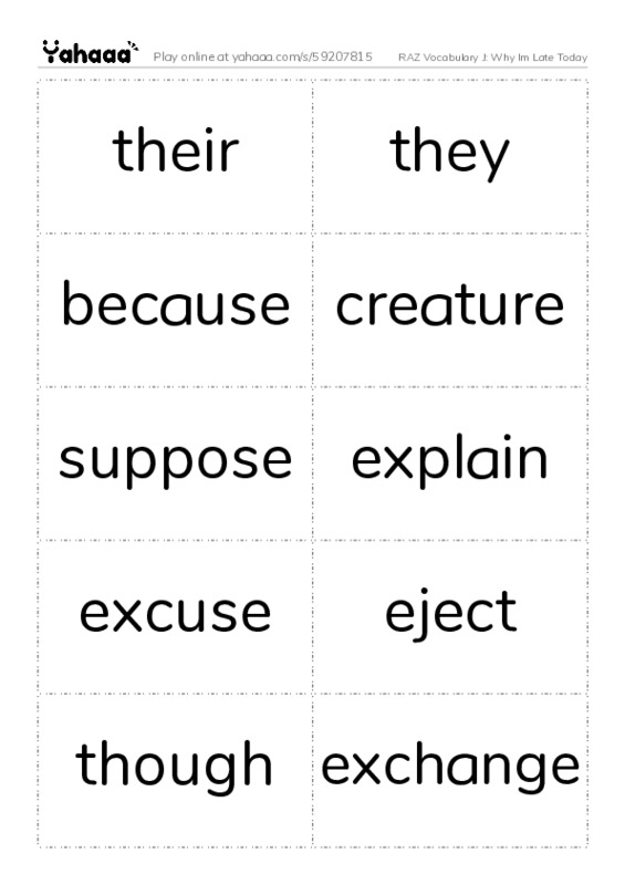 RAZ Vocabulary J: Why Im Late Today PDF two columns flashcards