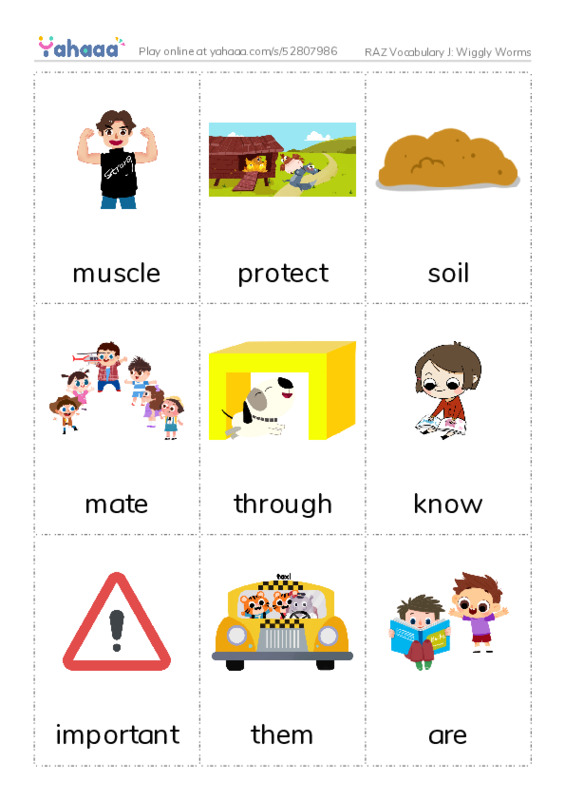 RAZ Vocabulary J: Wiggly Worms PDF flaschards with images