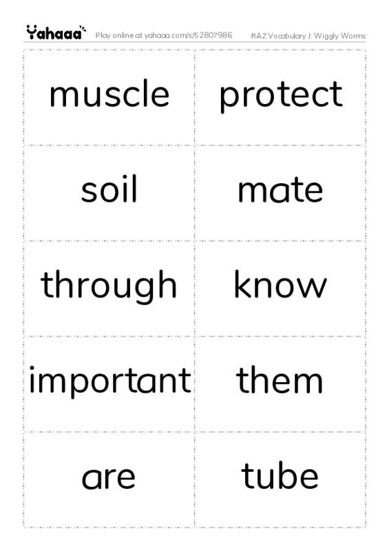 RAZ Vocabulary J: Wiggly Worms PDF two columns flashcards