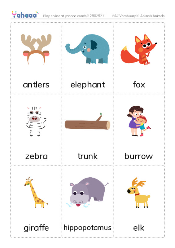 RAZ Vocabulary K: Animals Animals PDF flaschards with images