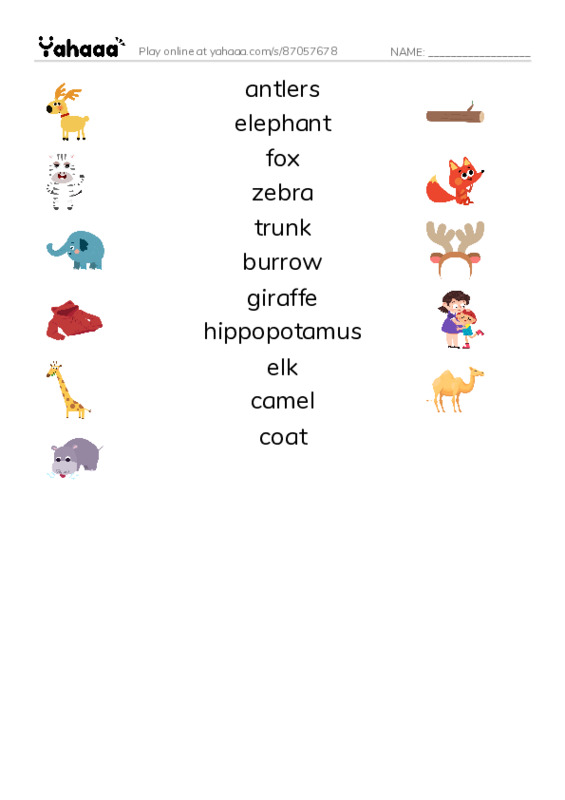 RAZ Vocabulary K: Animals Animals PDF three columns match words