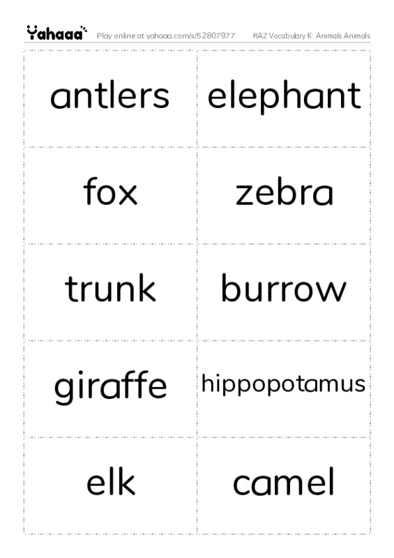RAZ Vocabulary K: Animals Animals PDF two columns flashcards