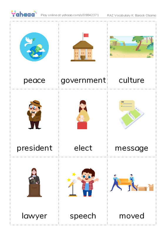 RAZ Vocabulary K: Barack Obama PDF flaschards with images