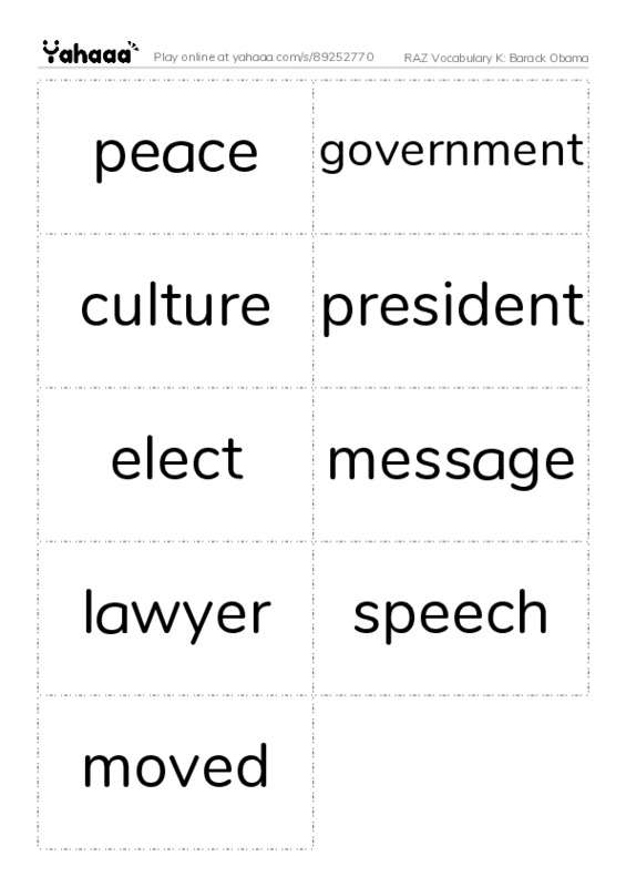 RAZ Vocabulary K: Barack Obama PDF two columns flashcards