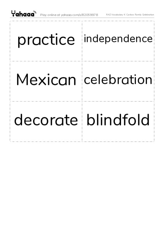 RAZ Vocabulary K: Carloss Family Celebration PDF two columns flashcards