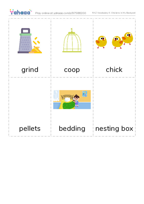 RAZ Vocabulary K: Chickens in My Backyard PDF flaschards with images