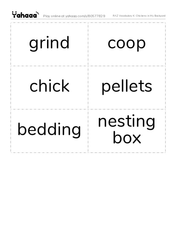 RAZ Vocabulary K: Chickens in My Backyard PDF two columns flashcards