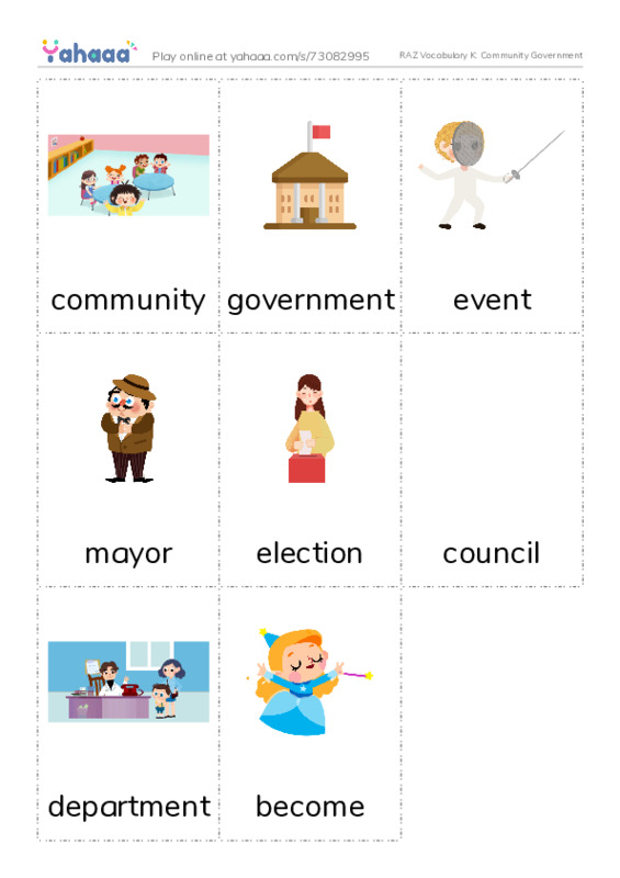 RAZ Vocabulary K: Community Government PDF flaschards with images