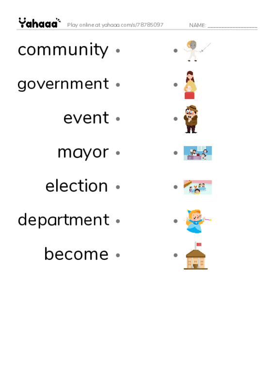 RAZ Vocabulary K: Community Government PDF link match words worksheet