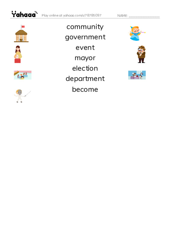 RAZ Vocabulary K: Community Government PDF three columns match words