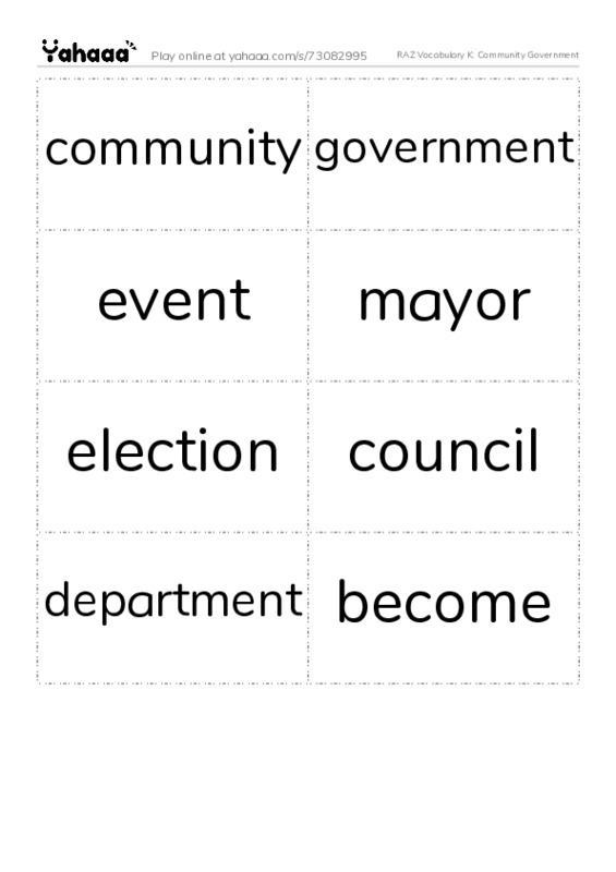 RAZ Vocabulary K: Community Government PDF two columns flashcards