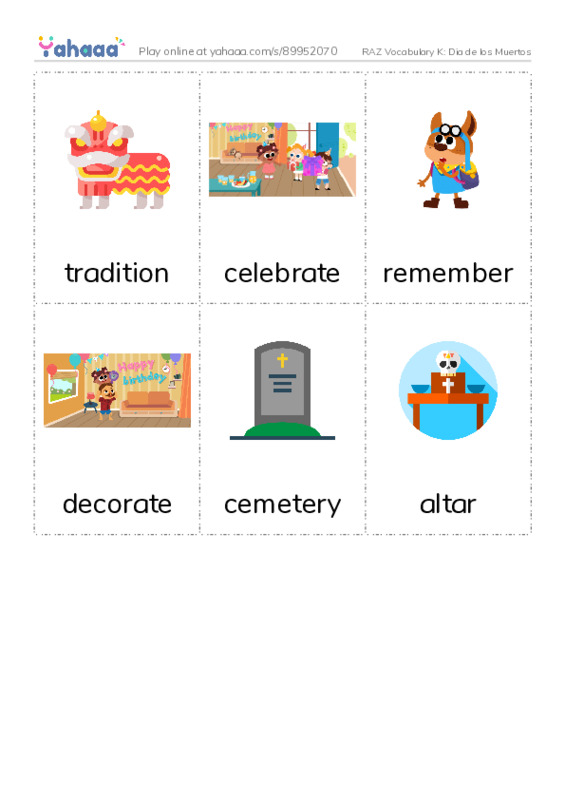 RAZ Vocabulary K: Dia de los Muertos PDF flaschards with images
